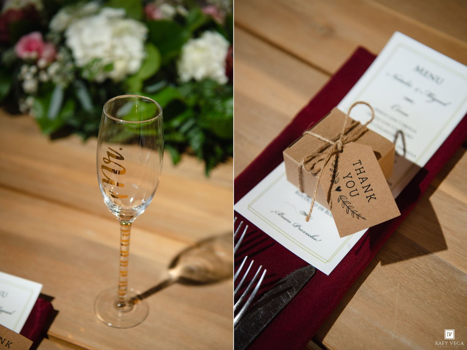 Wedding champagne flute with Mr. inscription beside kraft paper thank you favor box and menu card.