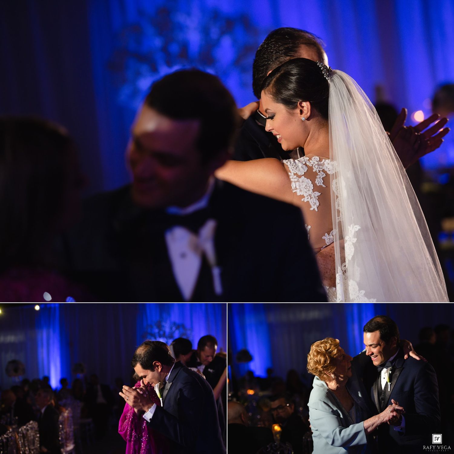 Wedding reception collage showing couple\u2019s first dance and groom kissing mother\u2019s hand in blue-lit ballroom.