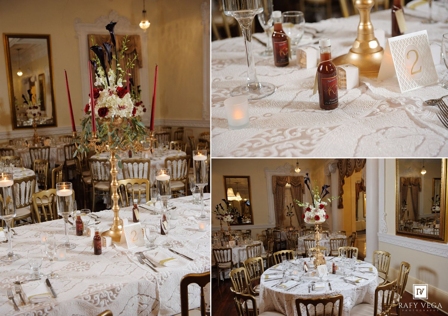 Elegant wedding reception tables with white lace linens, gold candelabras, red taper candles, and floral centerpieces in a grand venue.