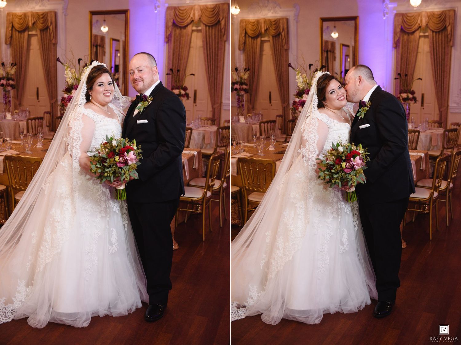 Bride in white lace gown with veil holds bouquet beside groom in tuxedo in elegant wedding reception venue.