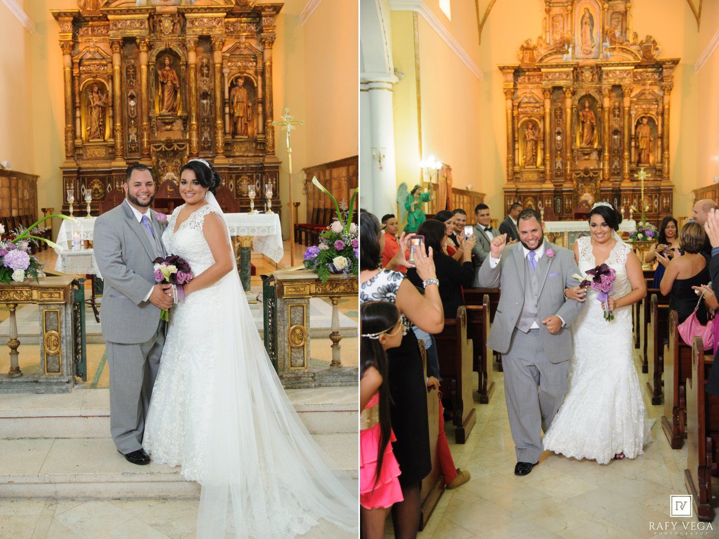 Bride and groom pose at church altar in white gown and gray suit, then walk joyfully down the aisle.