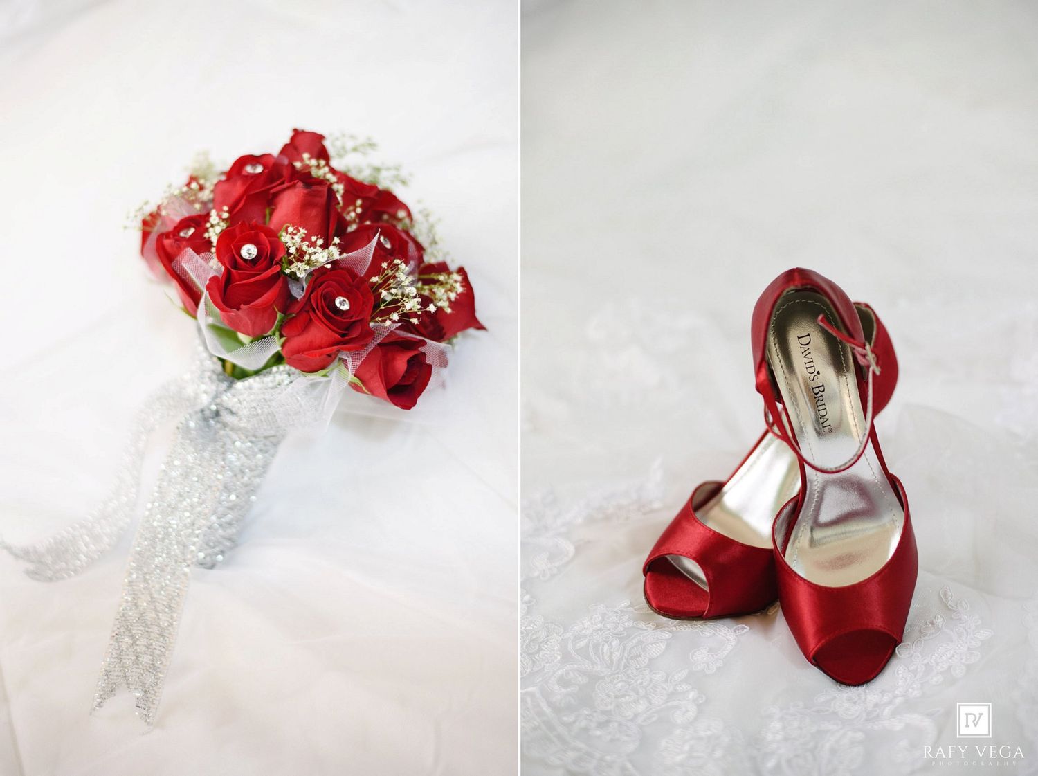 Red bridal bouquet with roses and baby's breath beside elegant red satin peep-toe heels on white lace fabric.