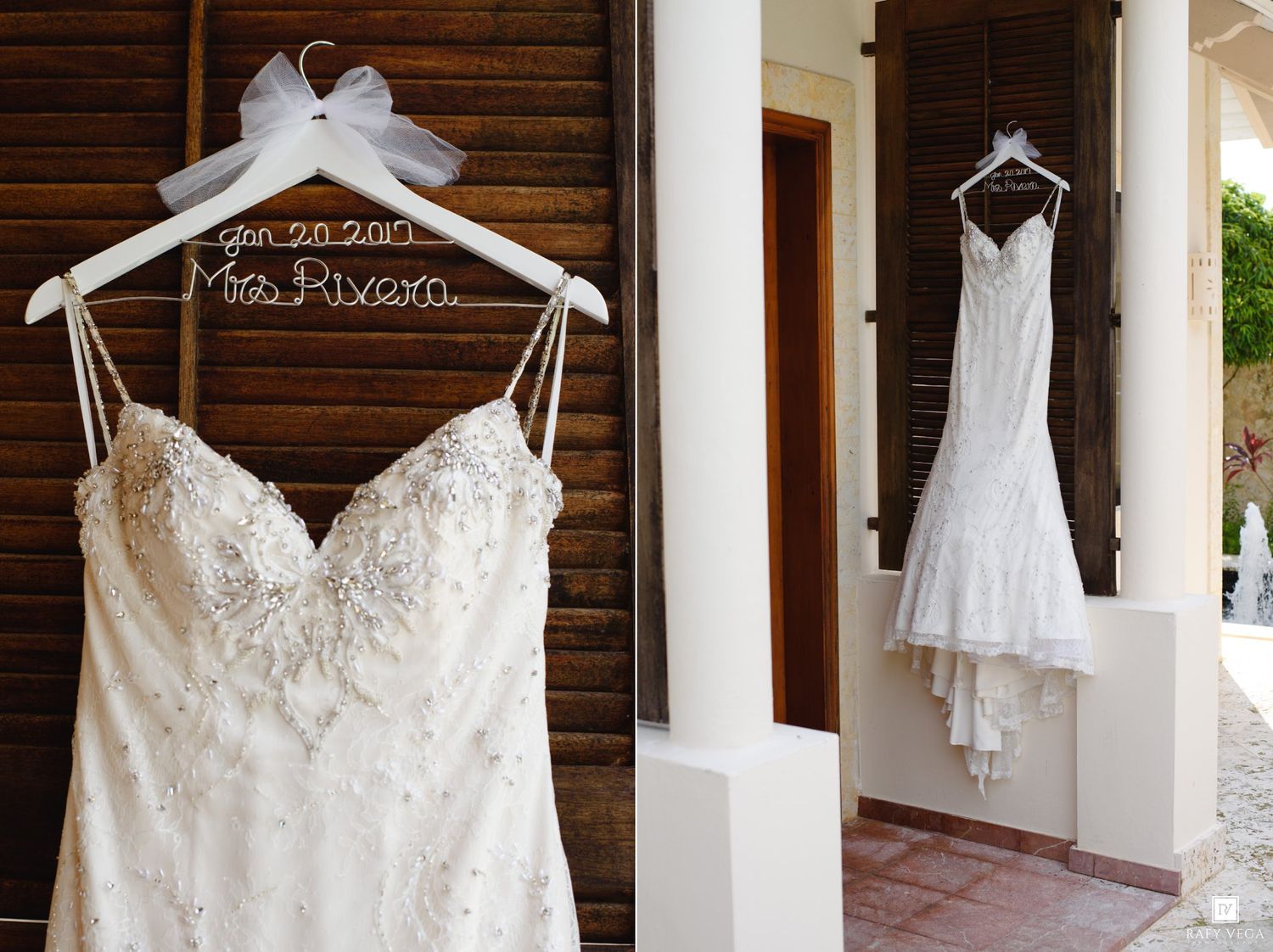 Beaded mermaid wedding dress on personalized Mrs. Rivera hanger displayed against rustic wood and white wall.