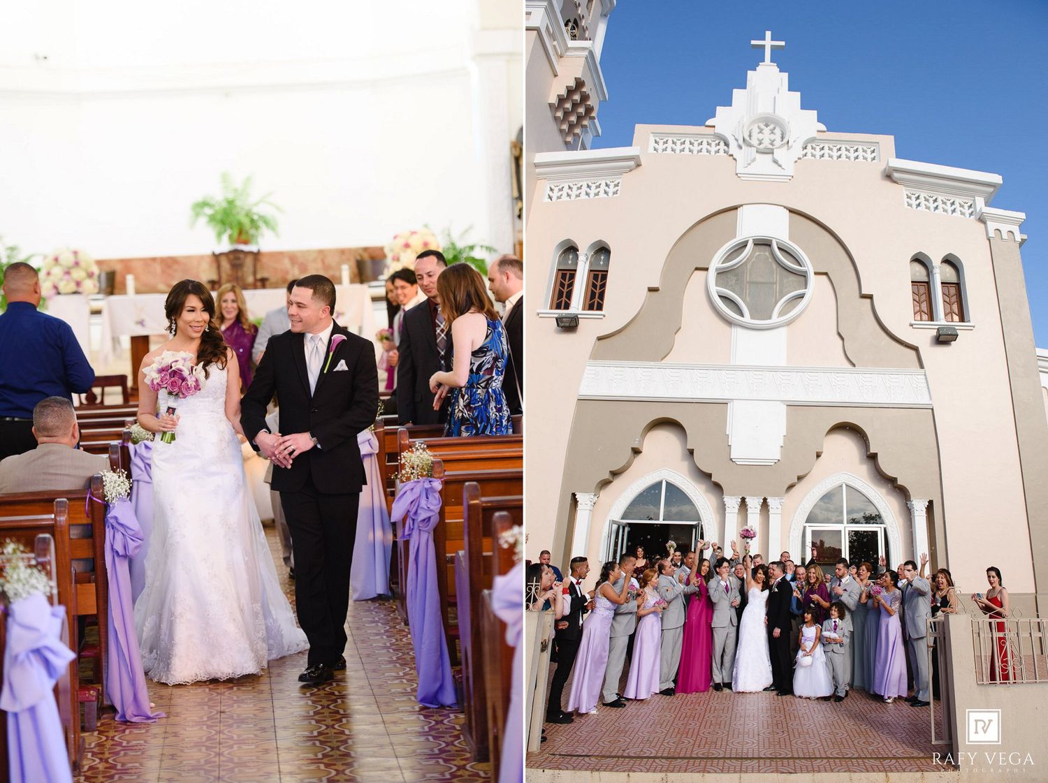 Wedding ceremony collage showing bride and groom walking the aisle and bridal party posing outside a white church.