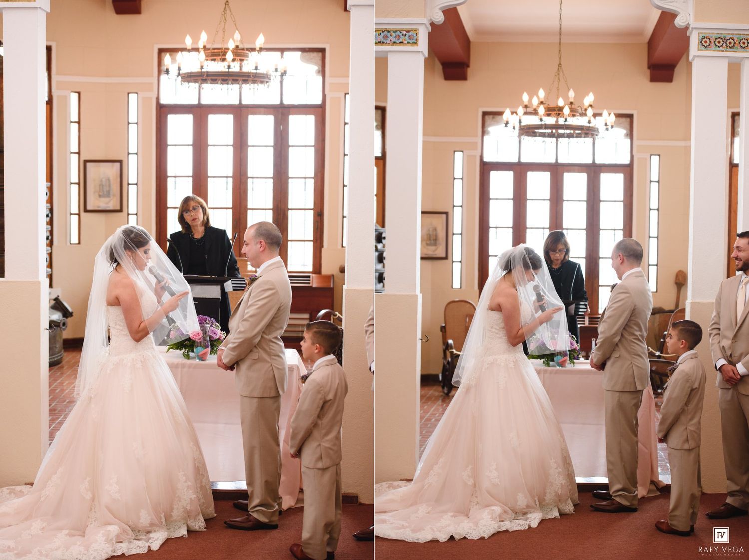 Bride and groom exchange vows at elegant indoor wedding ceremony with officiant and young ring bearer present.