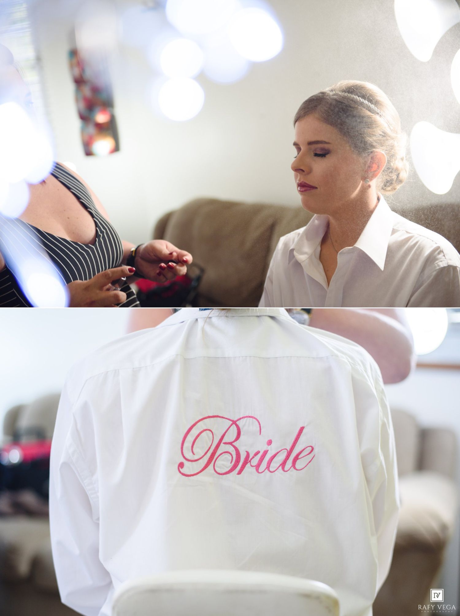 Bride getting ready in white button-up shirt with pink Bride text, assisted by bridesmaid in striped dress.
