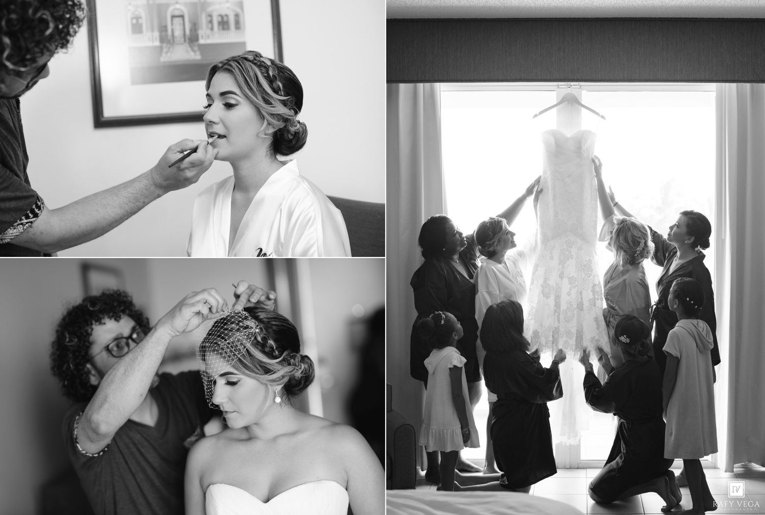 Black and white wedding day preparation photos showing bride getting makeup done and bridesmaids admiring hanging wedding gown.
