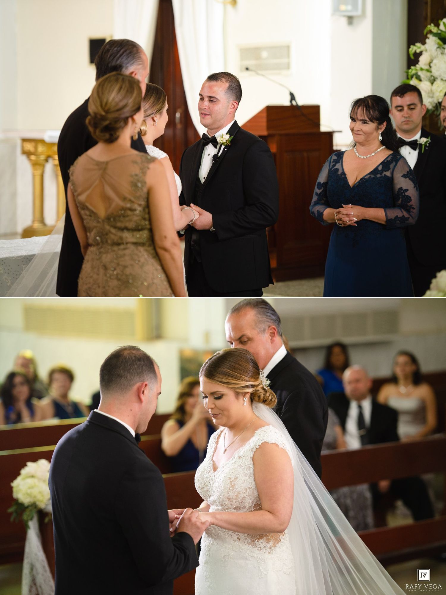 Bride and groom exchange rings during elegant church wedding ceremony, surrounded by family in formal attire.