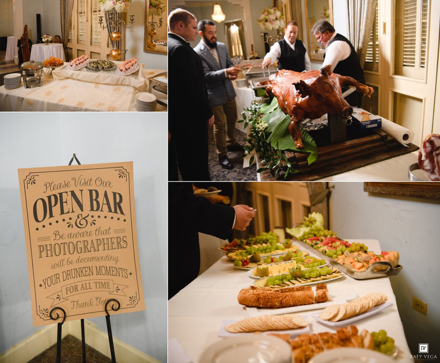 Wedding reception open bar sign with buffet spread featuring appetizers and carving station served by staff in formal venue.