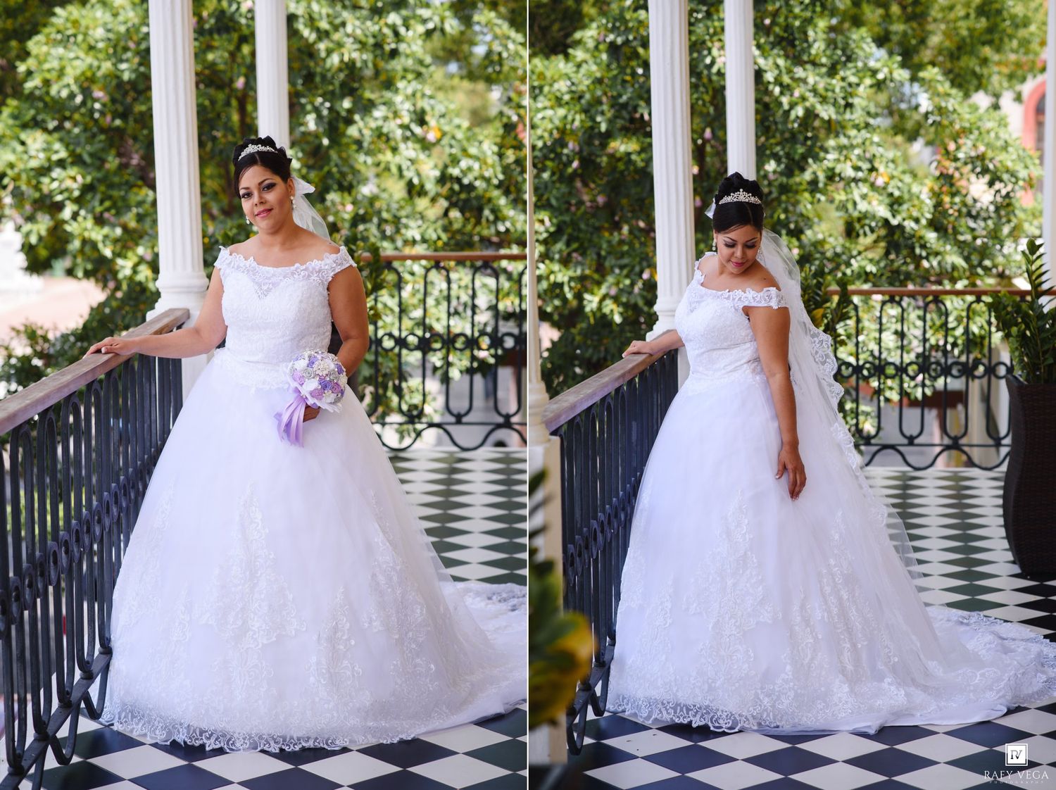 Bride in white lace cap-sleeve ball gown wedding dress holding bouquet on elegant balcony with black and white tile floor.