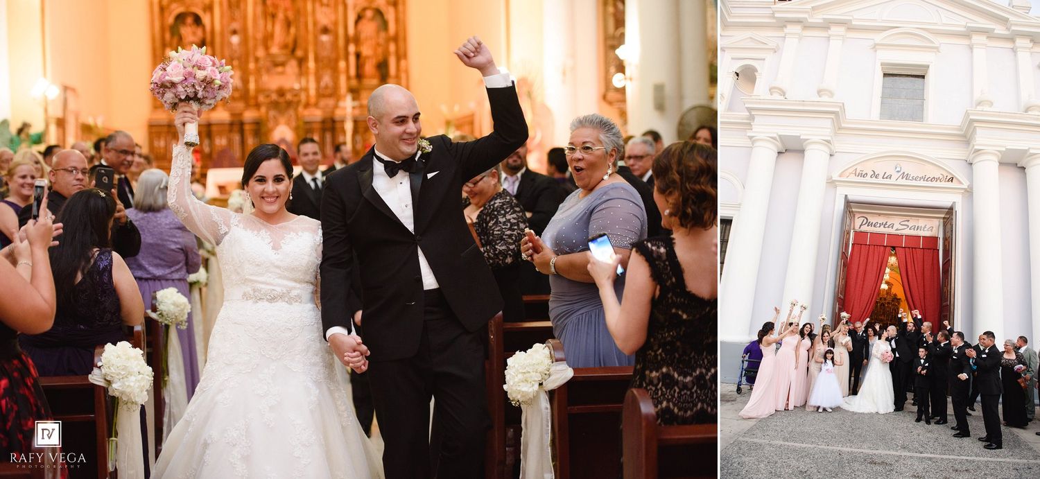Joyful newlyweds celebrate at church altar as bride and groom raise hands, wedding party poses on church steps.