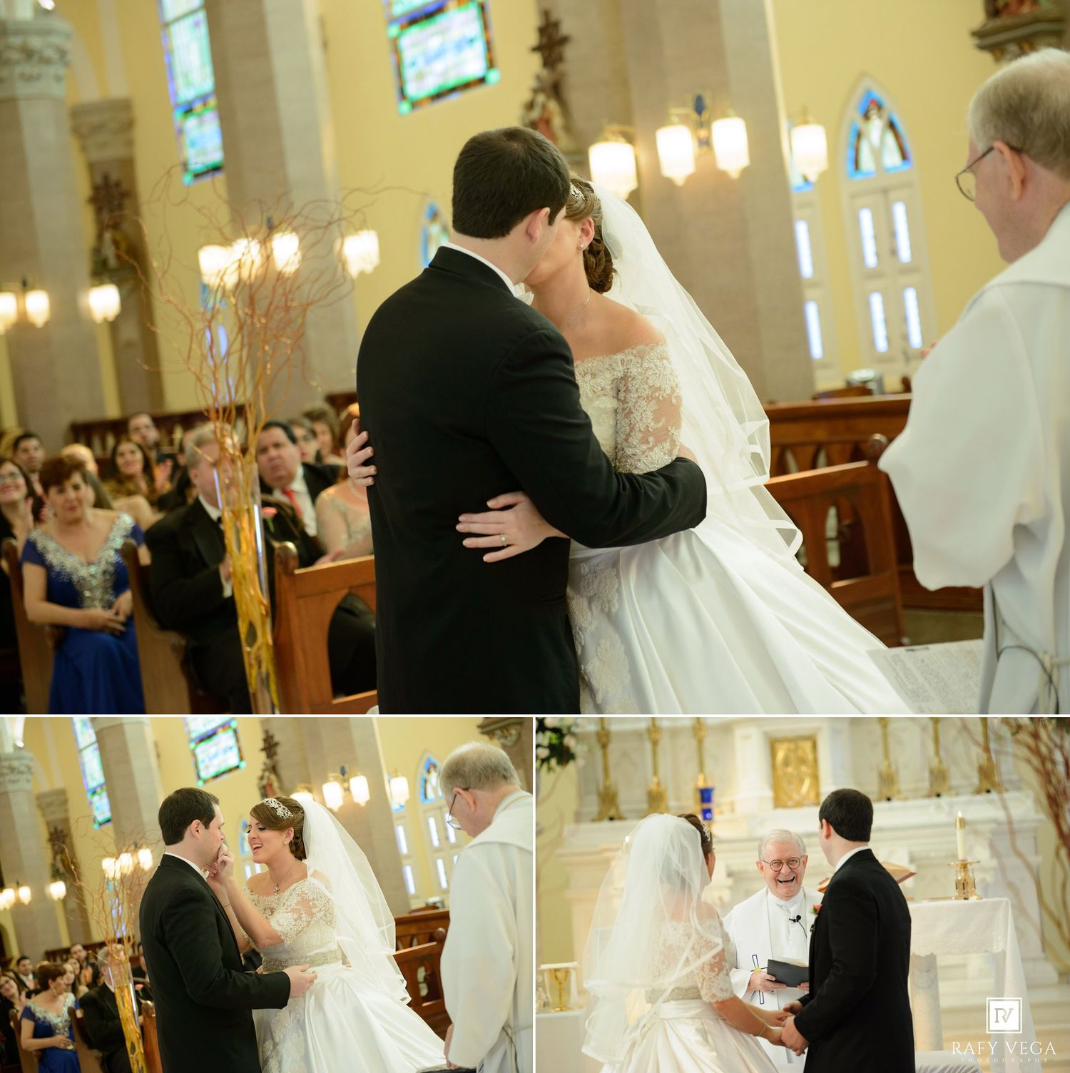 Bride and groom share first kiss at church altar during elegant wedding ceremony with guests seated in pews.
