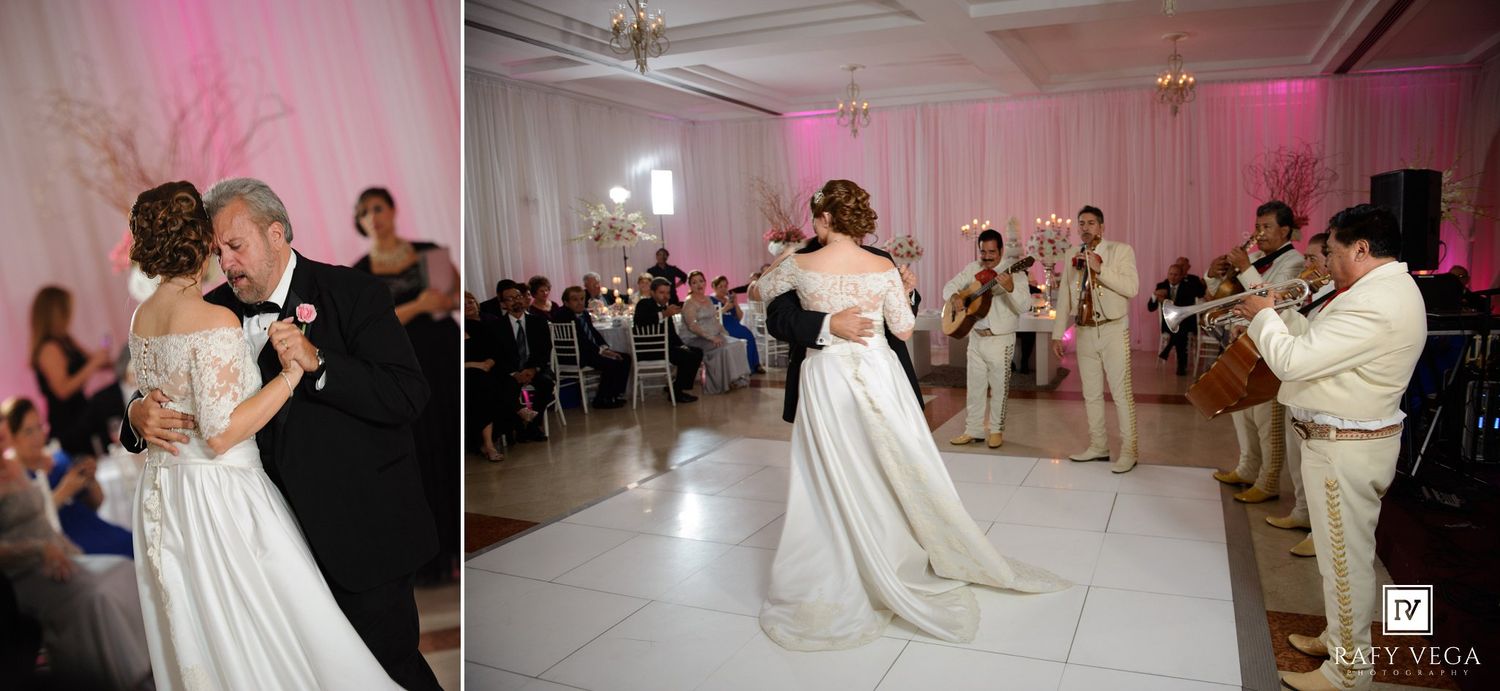Bride and groom share their first dance at an elegant wedding reception with a live band performing nearby.
