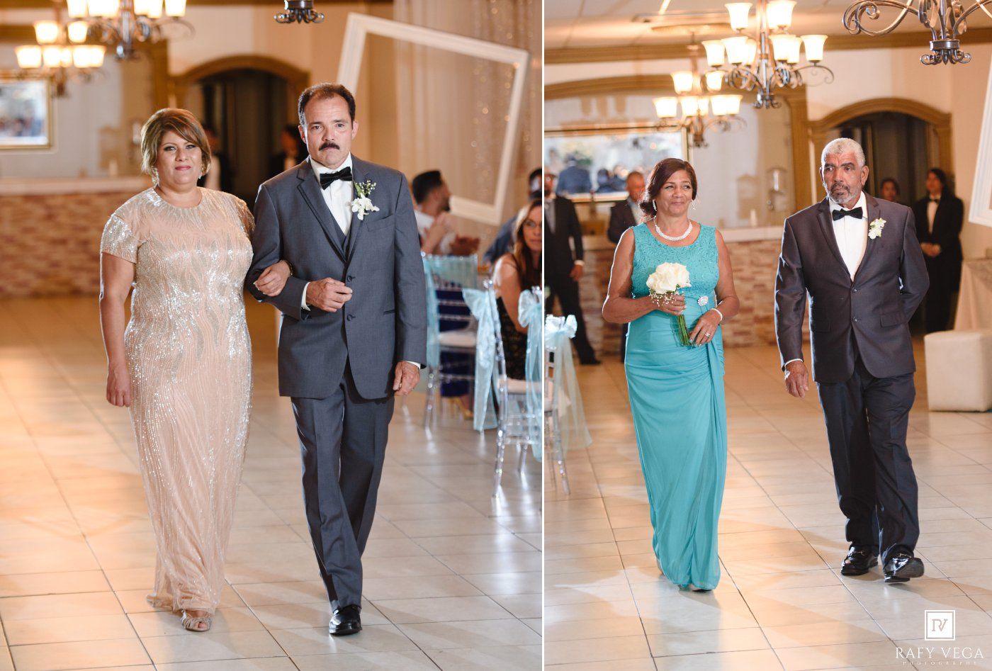 Elegant wedding processional with couples in formal attire walking down the aisle in a beautifully decorated venue.