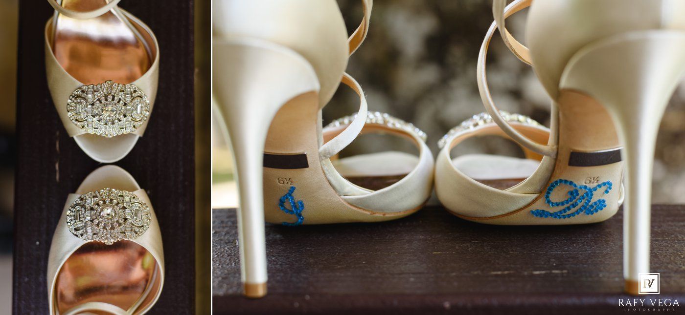 White bridal heels with crystal embellishments and blue 