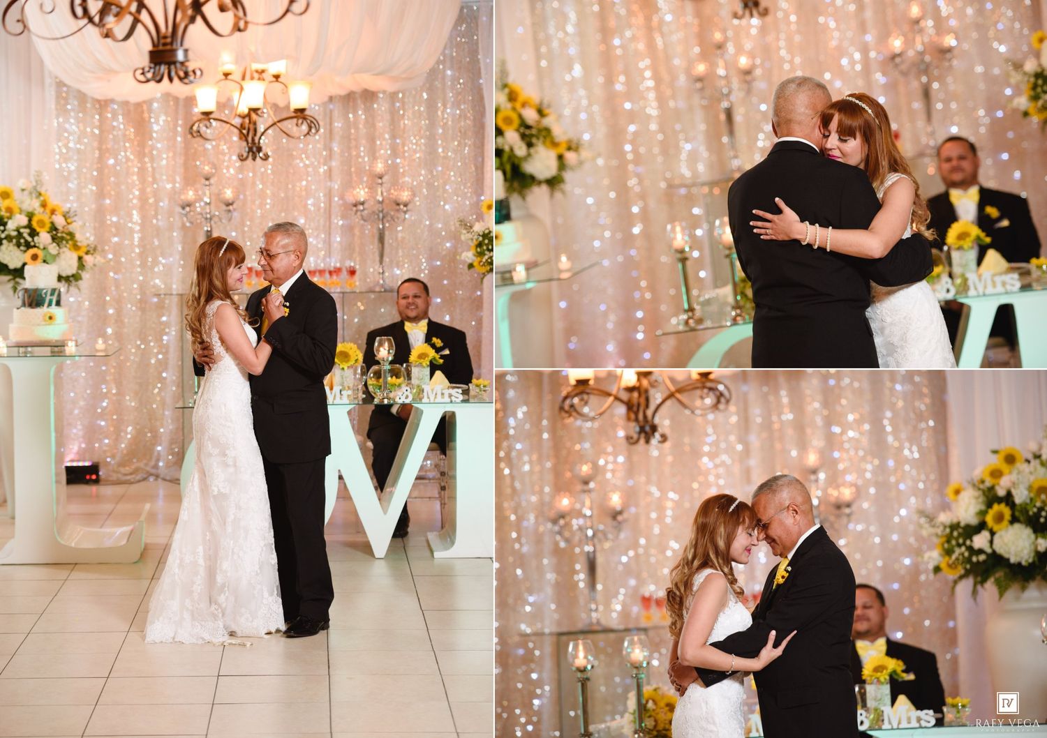 Collage of bride and groom sharing first dance and kiss at romantic wedding reception with twinkling lights.