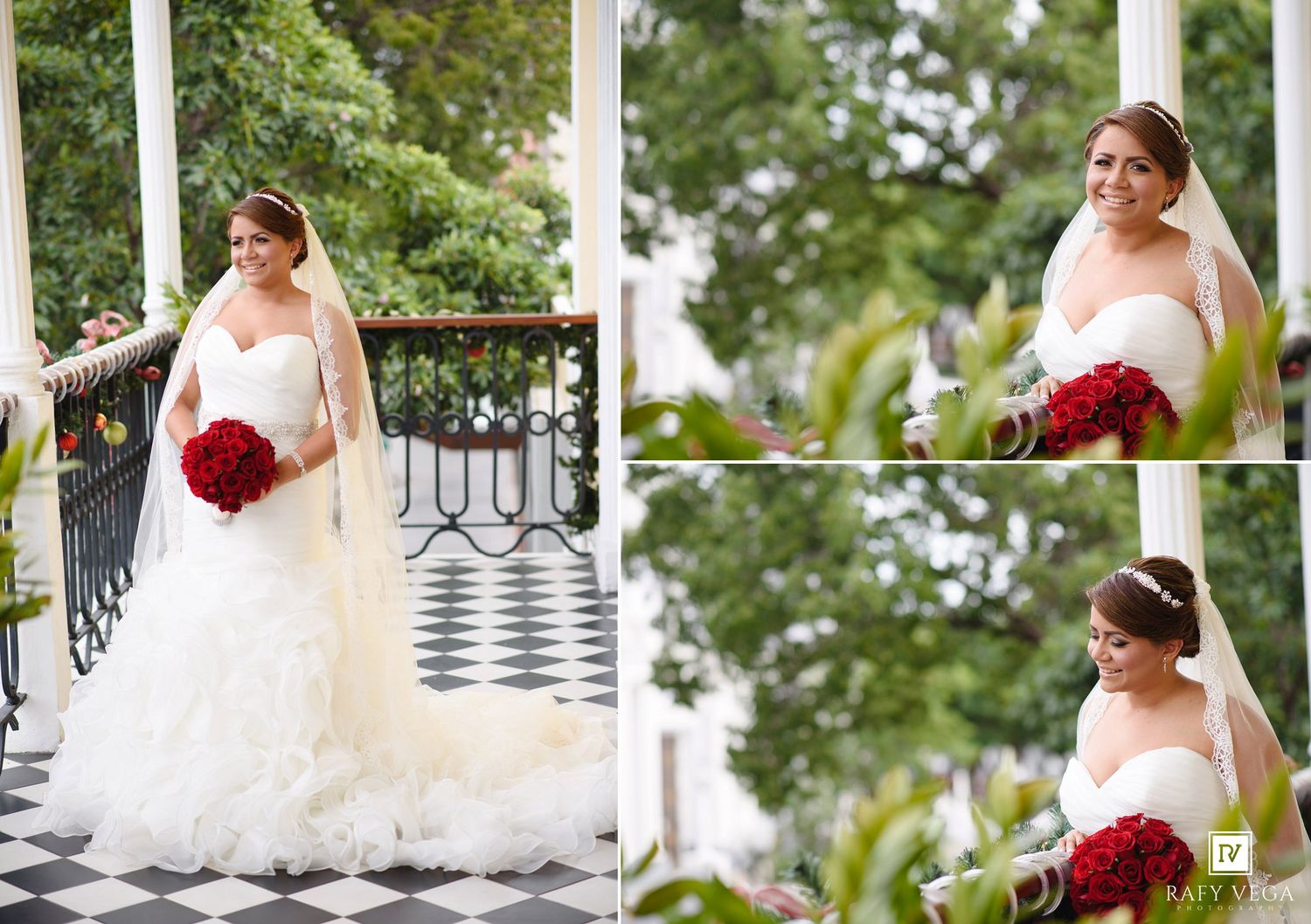Bride in ruffled mermaid dress holding red bouquet on elegant colonial porch.