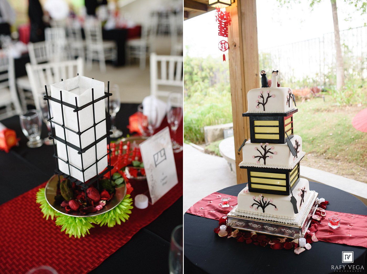 Asian-themed wedding decor featuring geometric lantern centerpiece and tiered black and white cake.