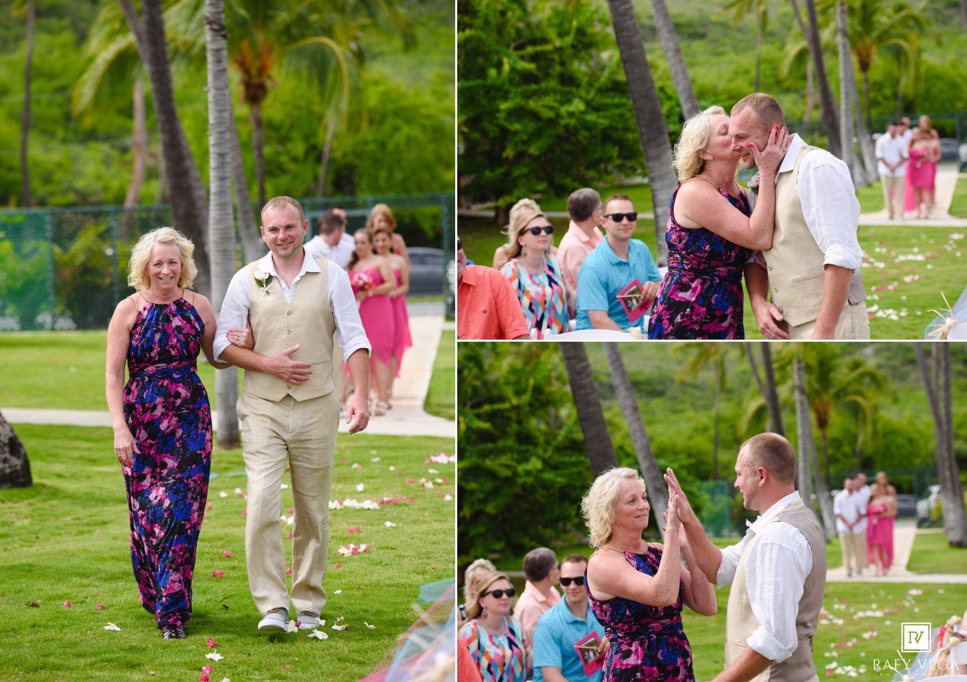 Couple shares a kiss at a tropical beach wedding ceremony surrounded by palm trees and colorful guests.