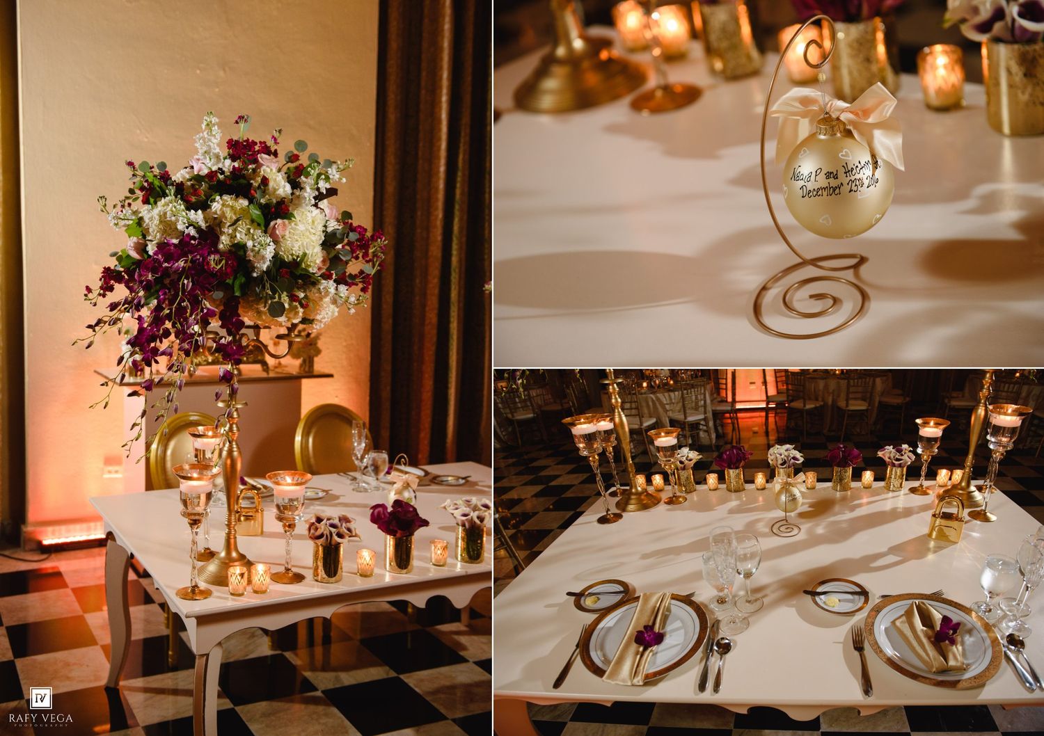 Luxurious wedding reception table with gold accents, floral centerpiece, candles, and elegant place settings.