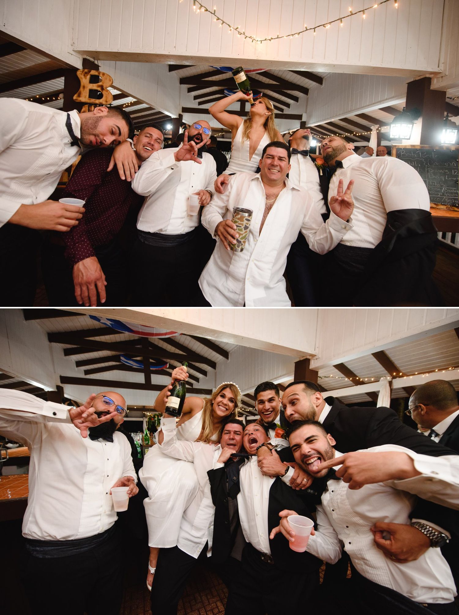 Wedding party celebrating at reception venue, groomsmen in white shirts and tuxedos posing with drinks and fun gestures.