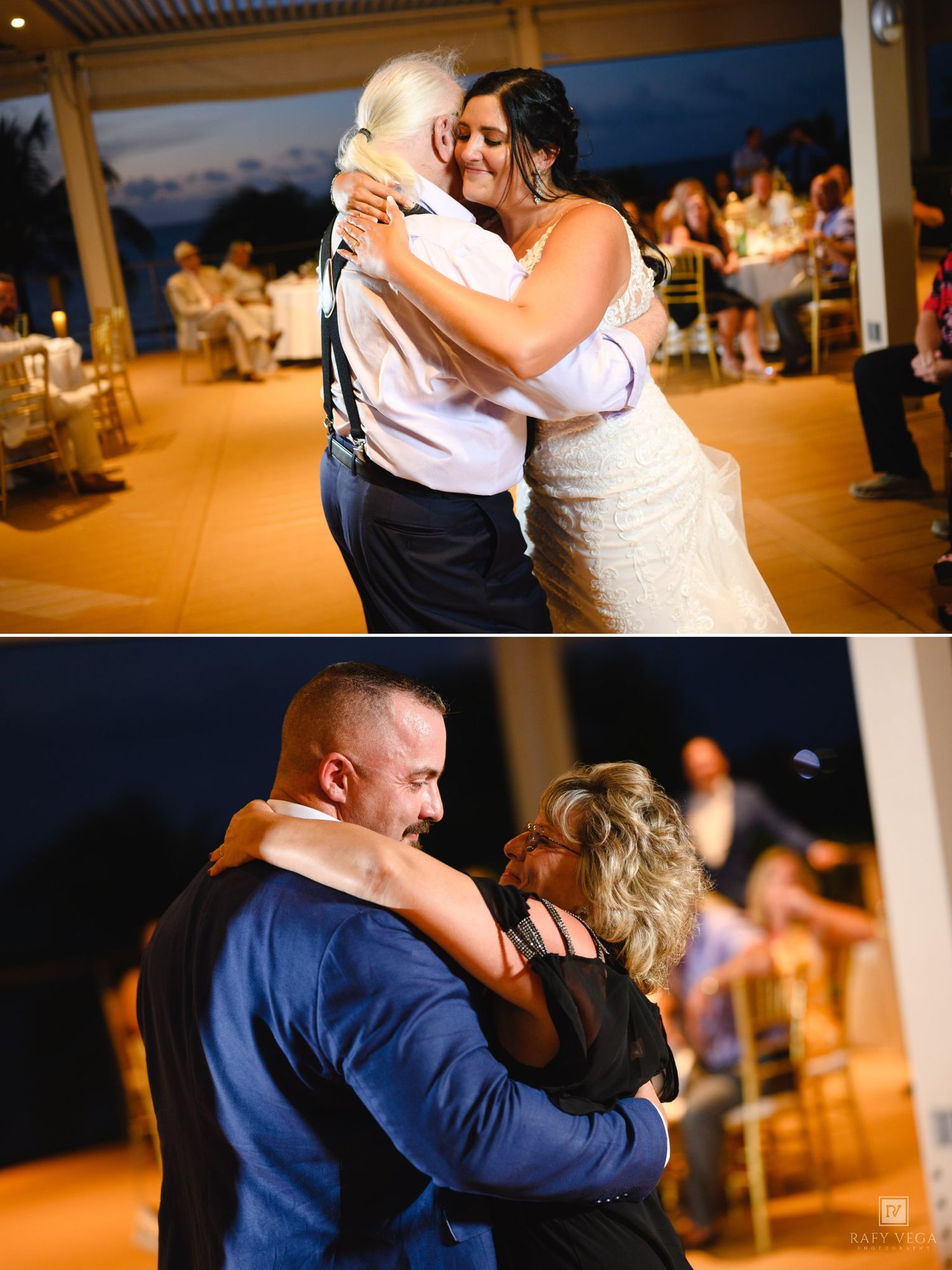 Wedding reception dance photos showing bride dancing with older man and groom dancing with woman at elegant evening venue.