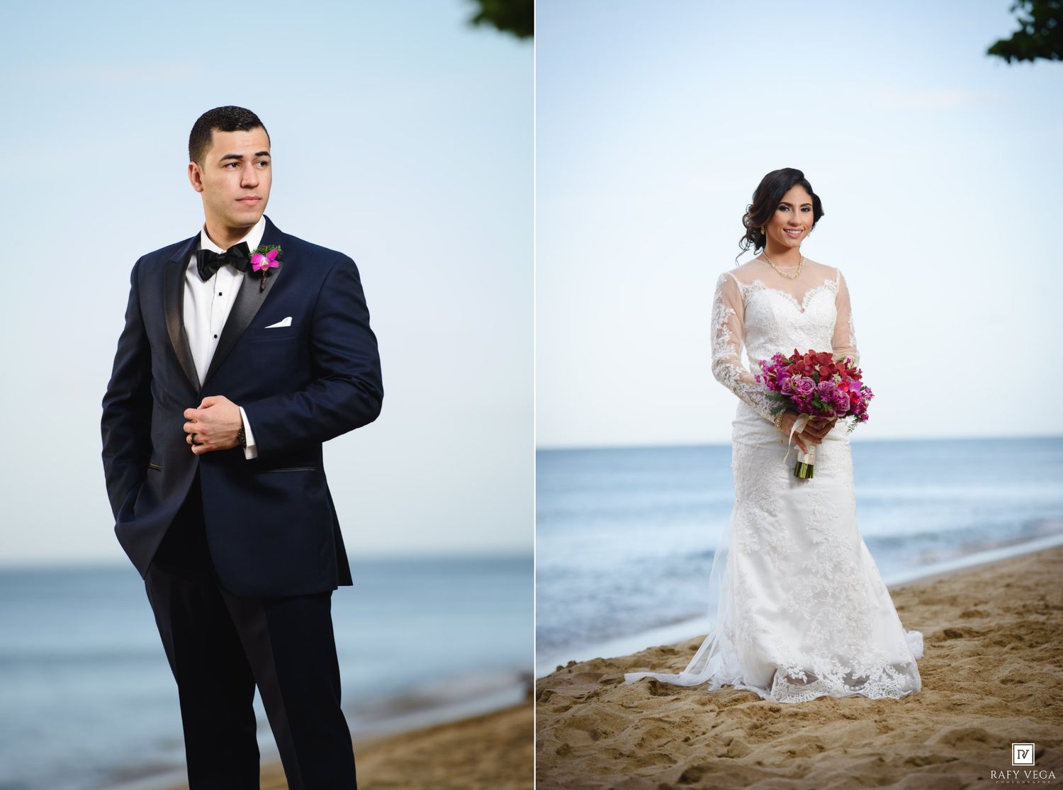 Bride and groom posing separately on a sandy beach, groom in black tuxedo, bride in lace gown holding pink bouquet.