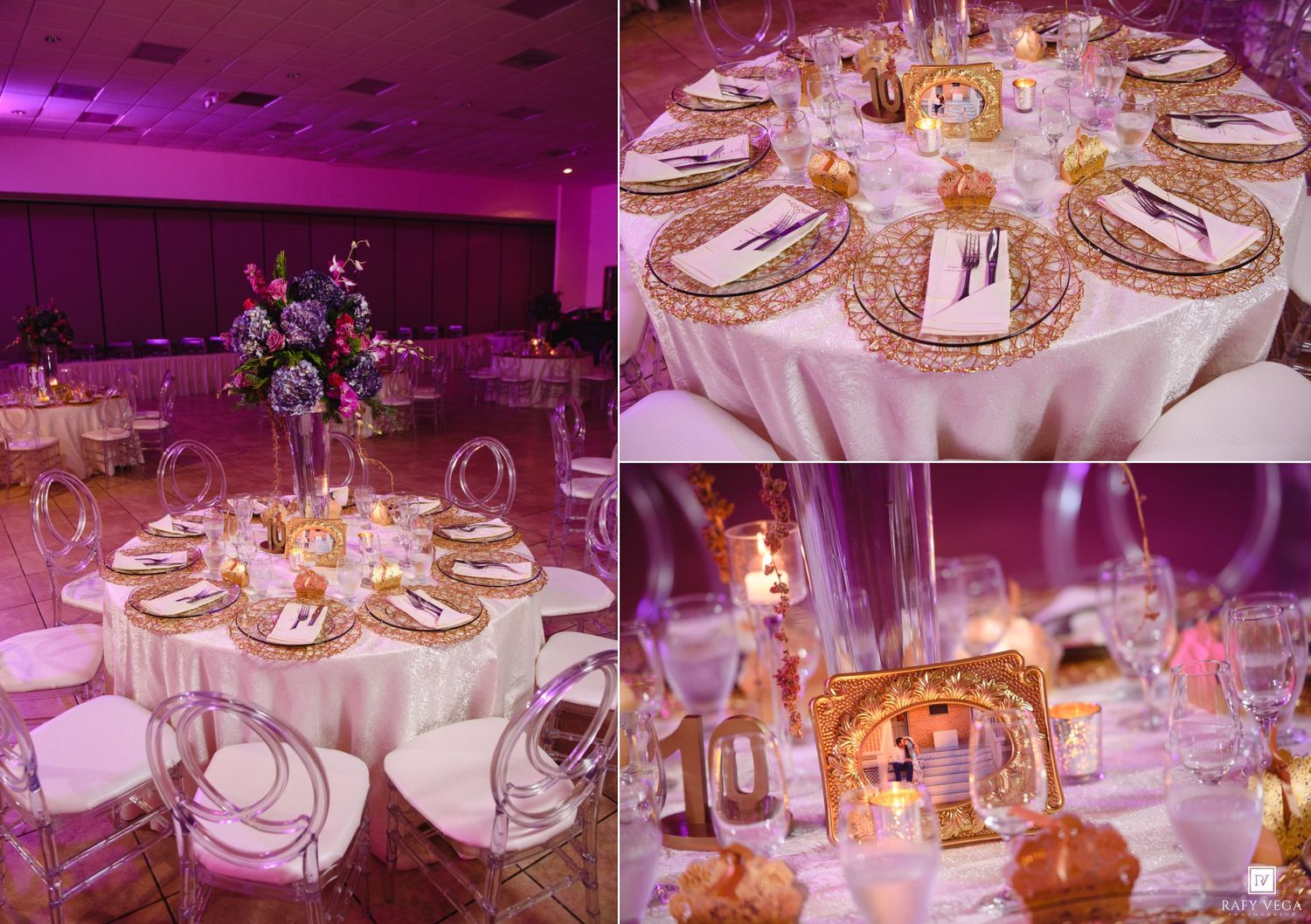 Elegant wedding reception with gold charger plates, ghost chairs, floral centerpieces, and pink ambient lighting in a ballroom.