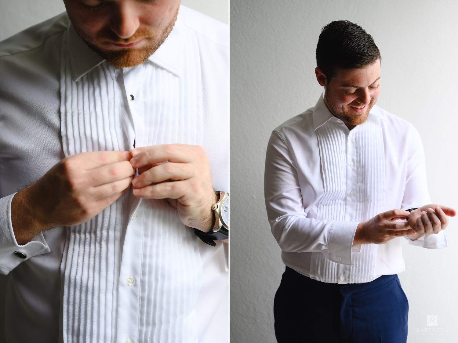Man in white tuxedo shirt buttoning cufflinks, preparing for formal event.