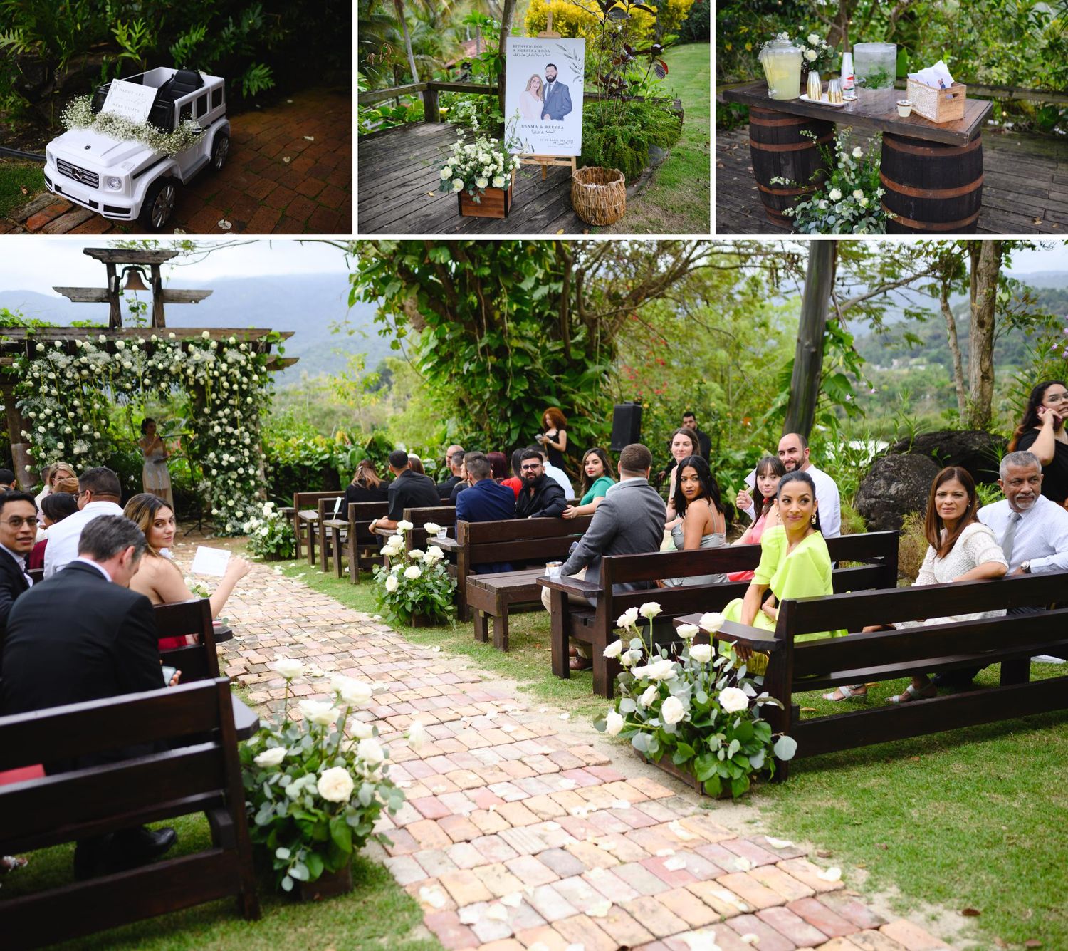 Outdoor wedding ceremony with brick aisle, wooden pews, floral arrangements, and guests gathered amid lush greenery.