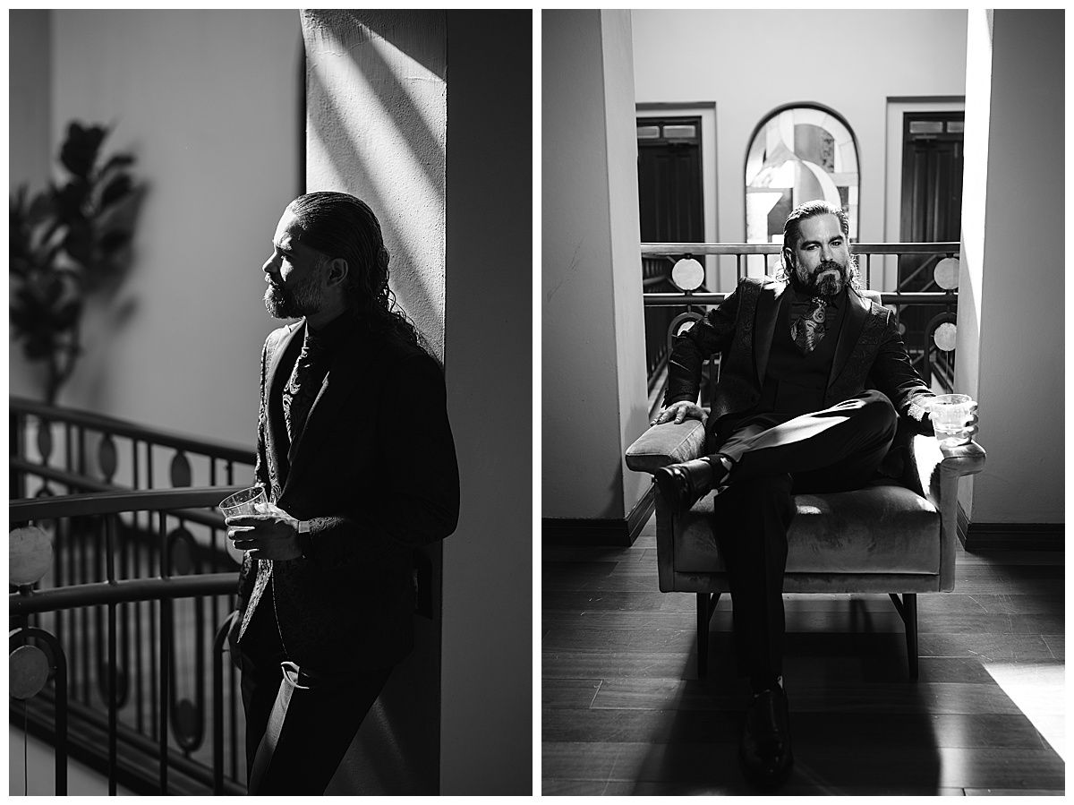 Black and white diptych of a bearded man in a suit, standing by railing and seated in a chair indoors.