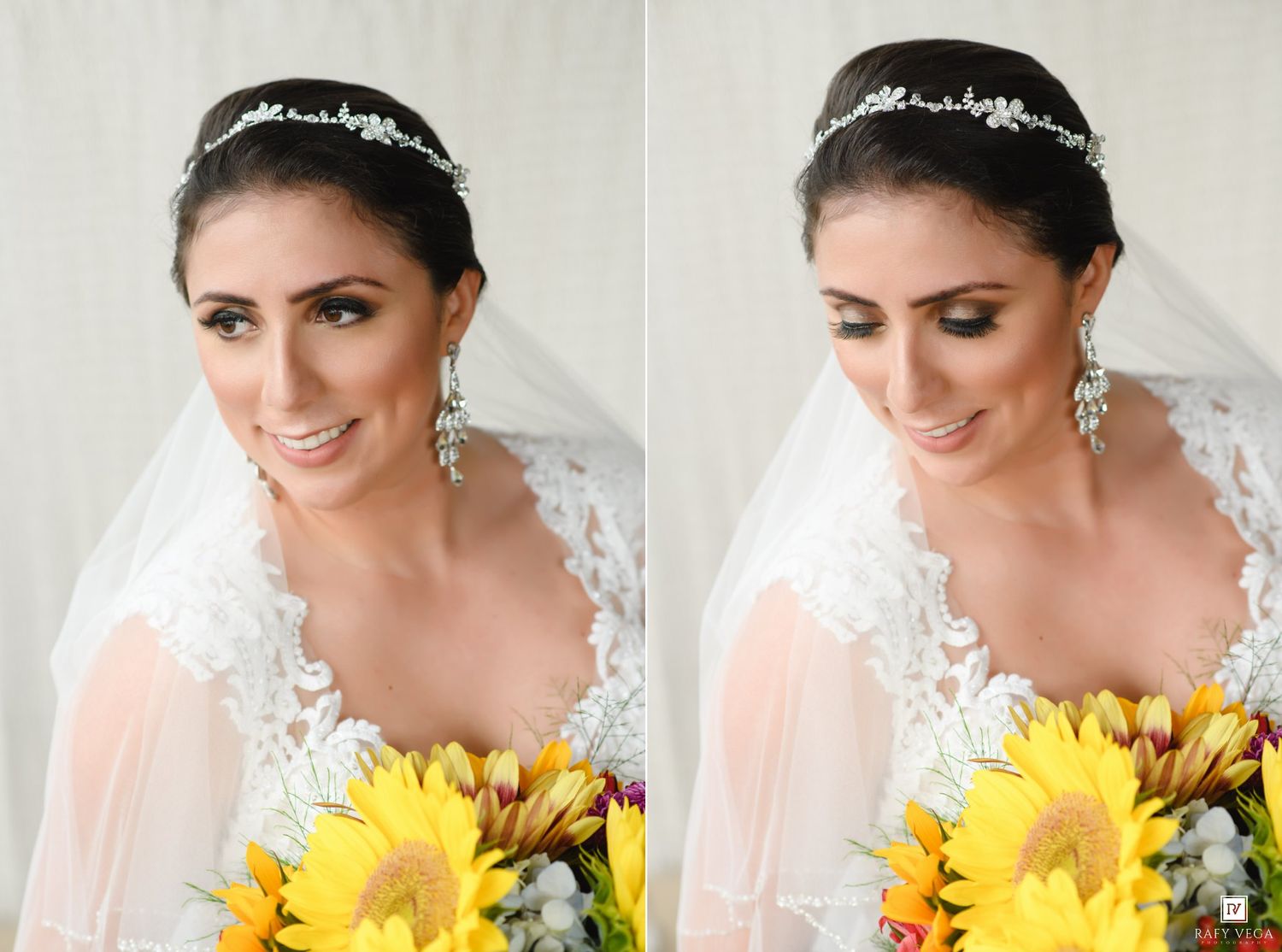Bride wearing a lace veil and crystal tiara smiles while holding a vibrant sunflower bouquet on her wedding day.