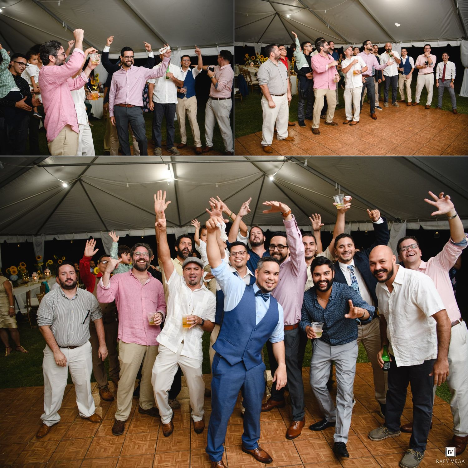 Groom celebrates with groomsmen and male guests cheering and raising hands at a festive wedding reception.