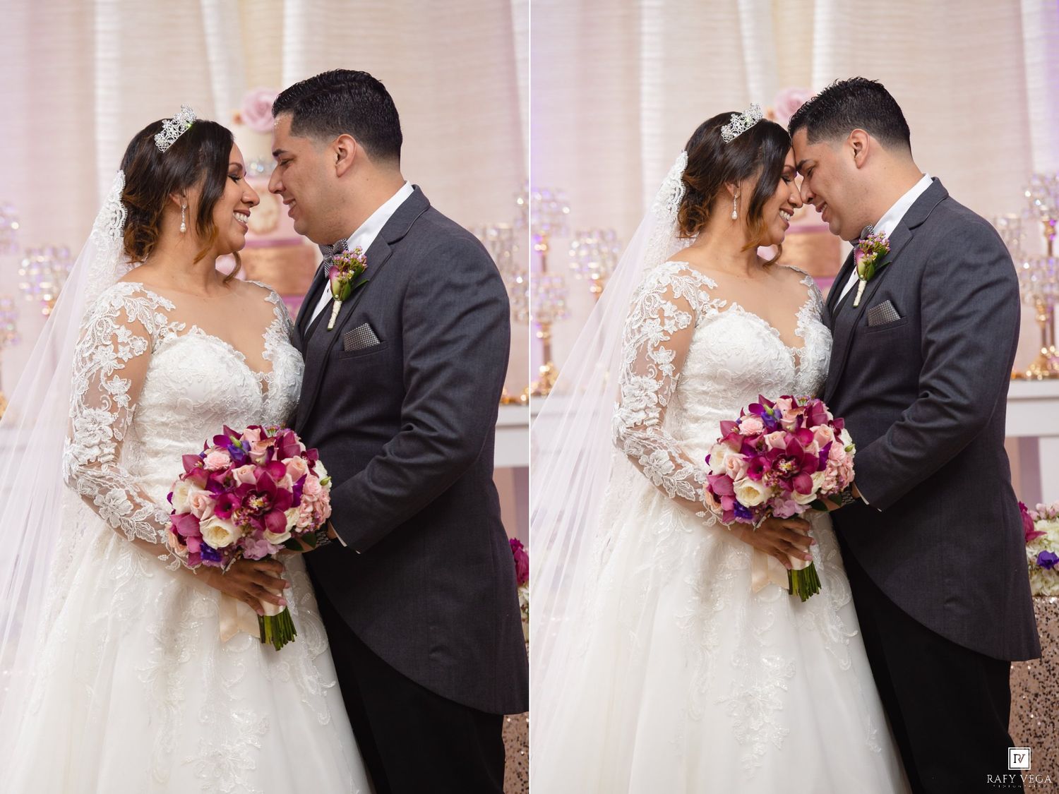 Bride and groom share an intimate forehead touch moment, bride holding a pink and purple bouquet in a white lace gown.