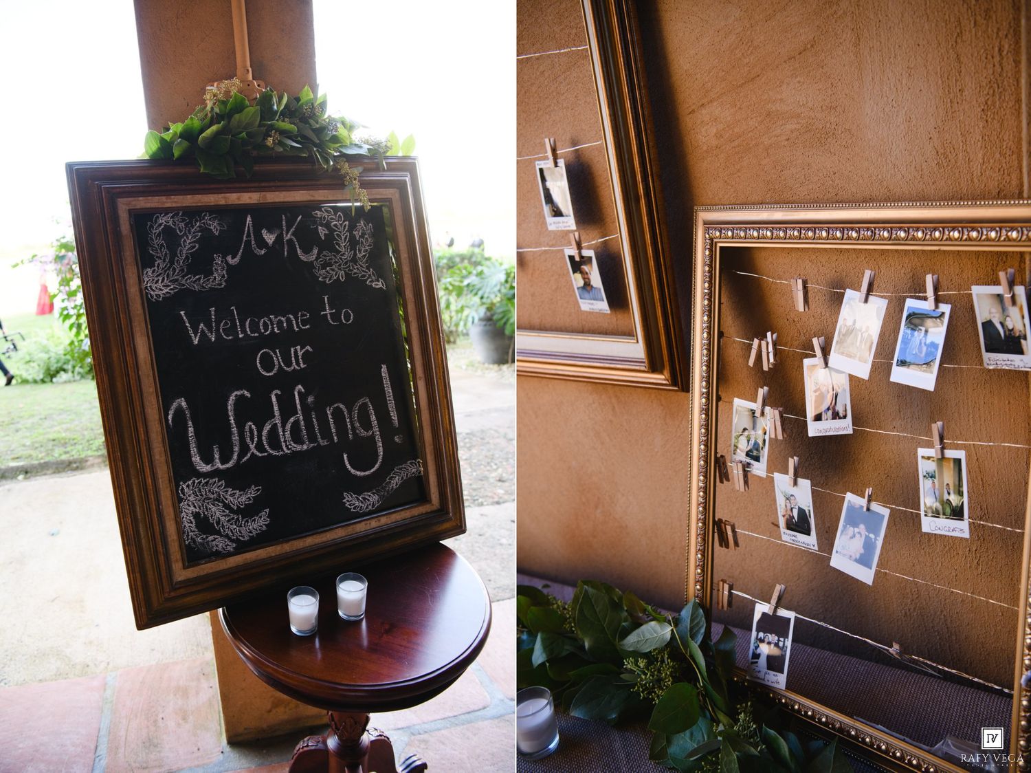 Rustic wedding welcome chalkboard sign in ornate gold frame beside a photo display wall with hanging polaroids.