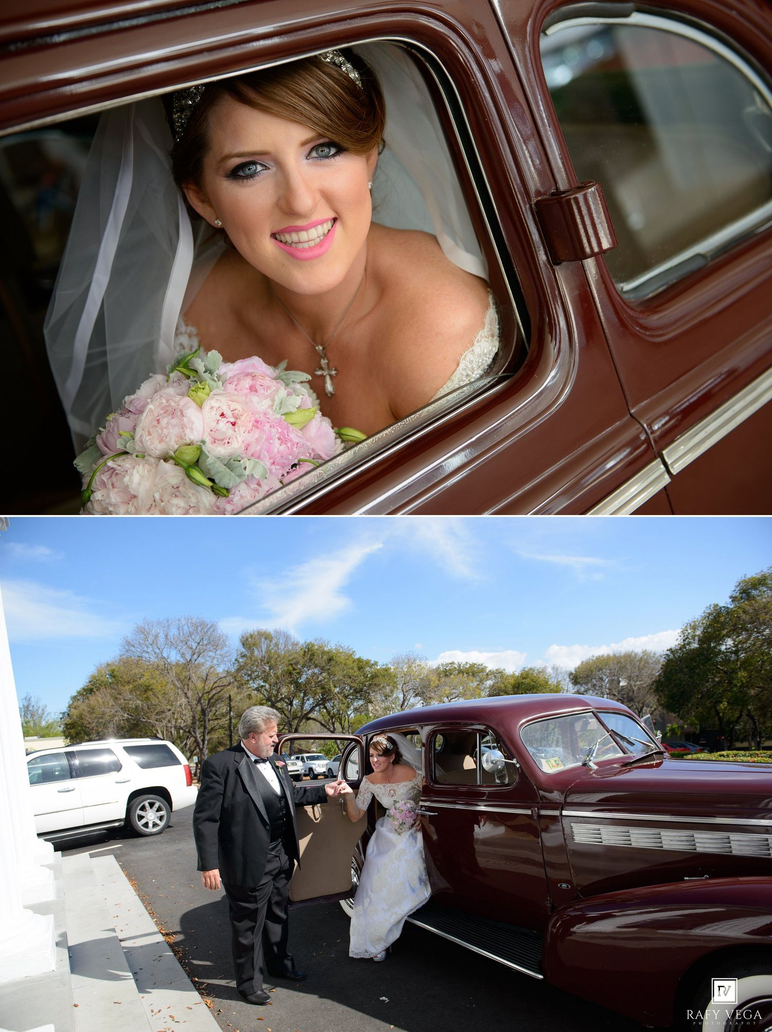 Bride in strapless gown holding pink bouquet peers from vintage maroon car window, then exits with suited escort on wedding day.