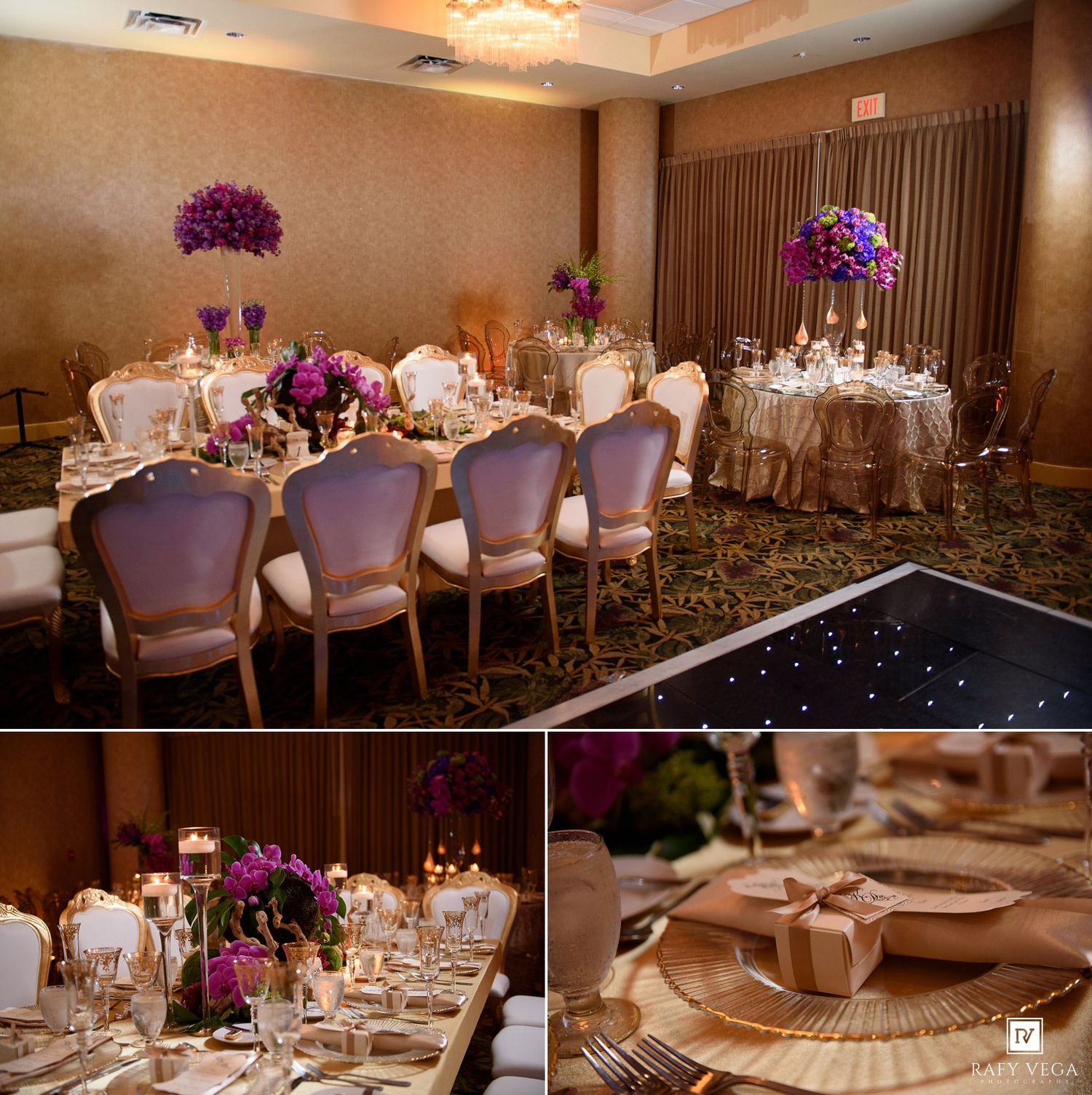 Elegant wedding reception hall with purple floral centerpieces, gold chairs, and sparkling black dance floor.