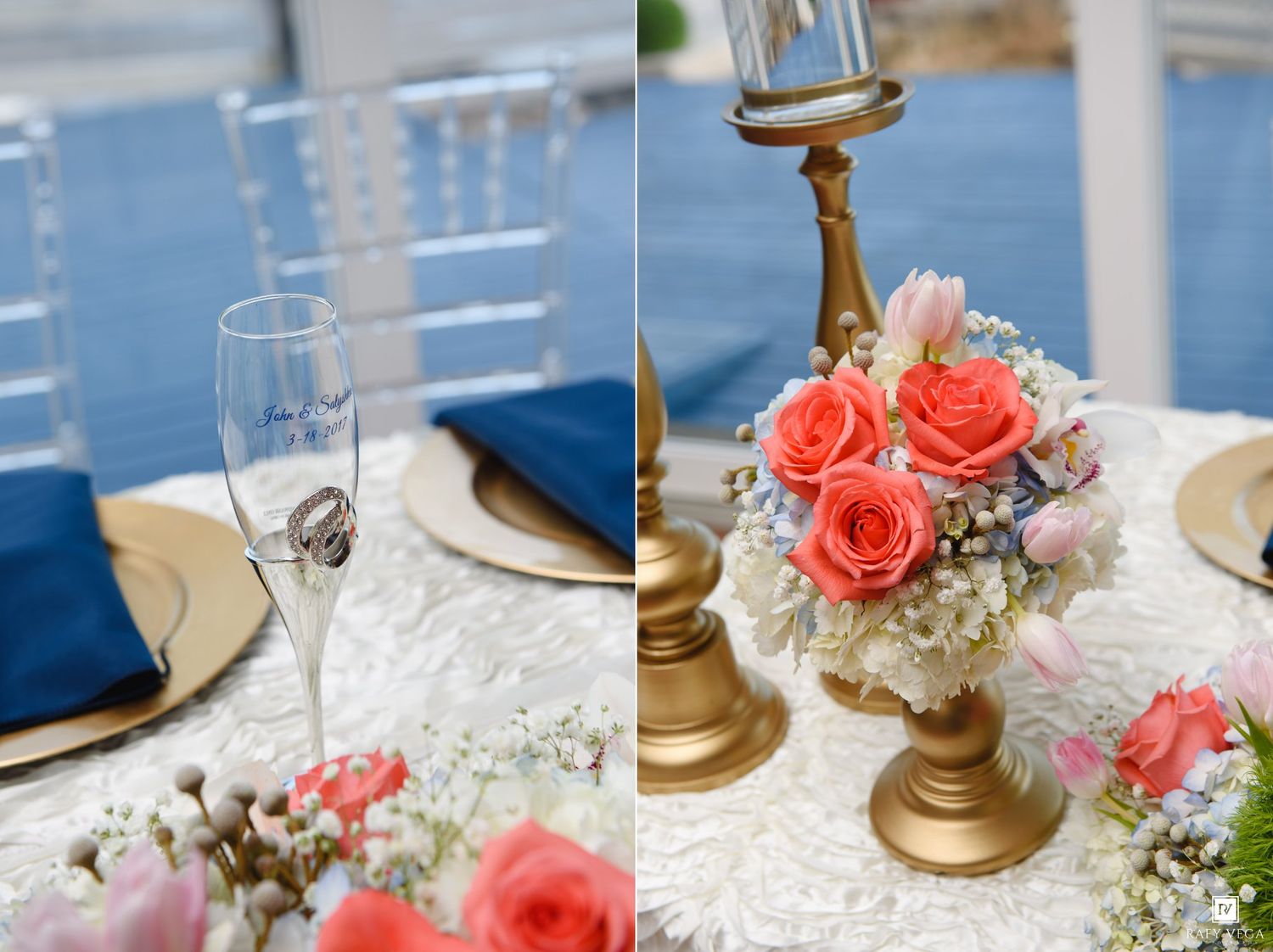 Gold candelabras with coral roses and white hydrangeas centerpiece beside a personalized champagne flute.