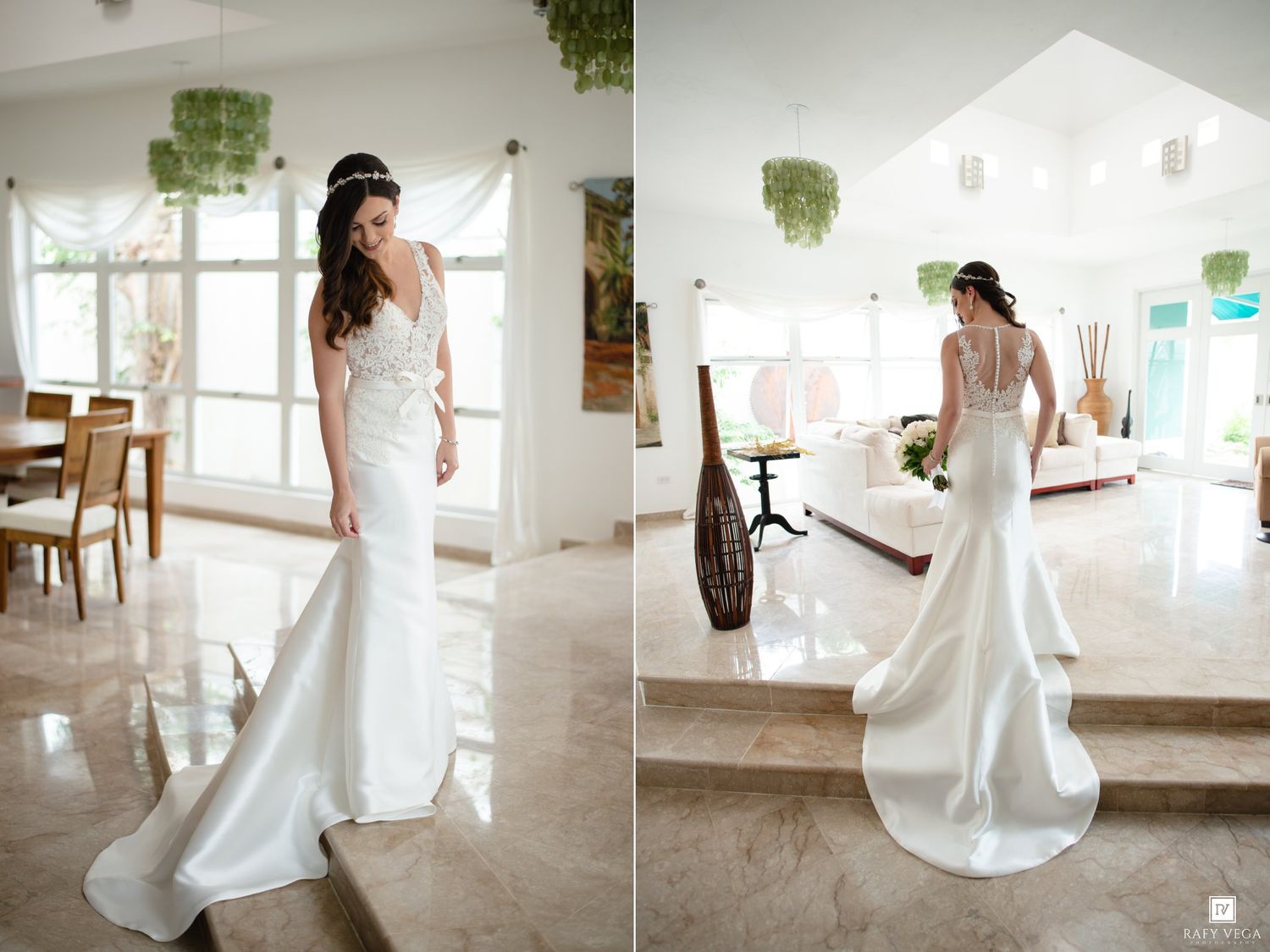 Bride in elegant white mermaid wedding gown with lace back detail, photographed from front and back in a bright, modern venue.