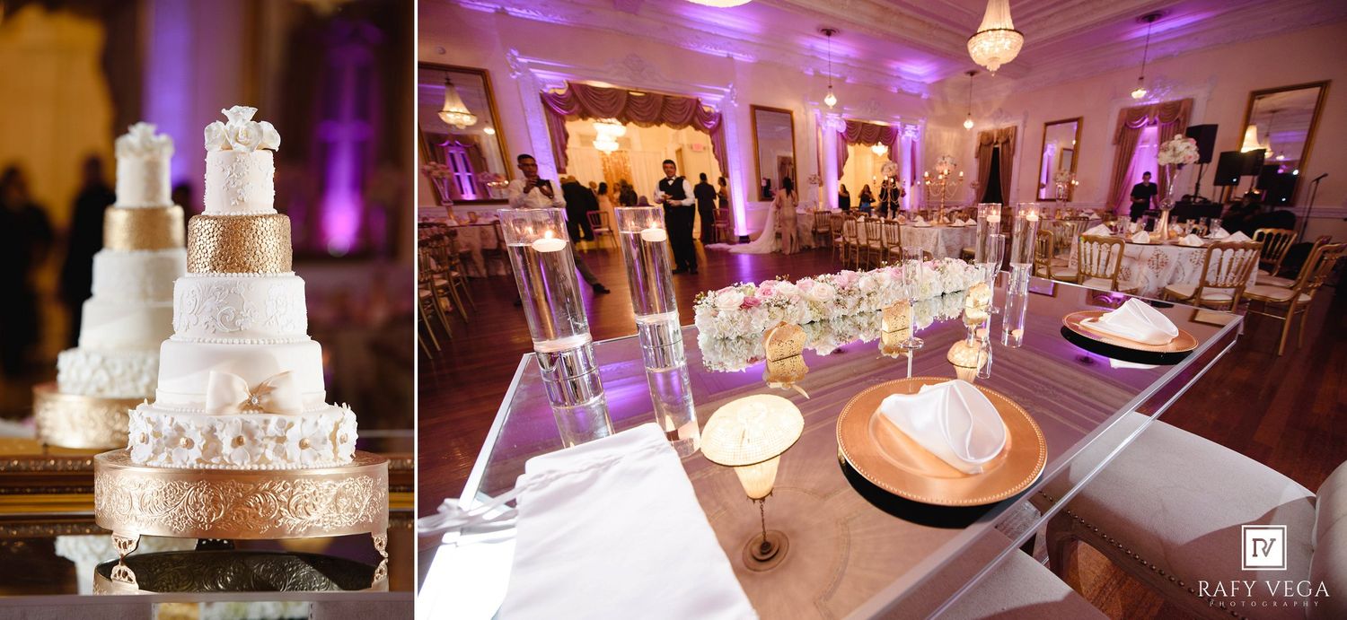 Elegant wedding reception featuring a multi-tiered white cake and decorated banquet hall with purple lighting.