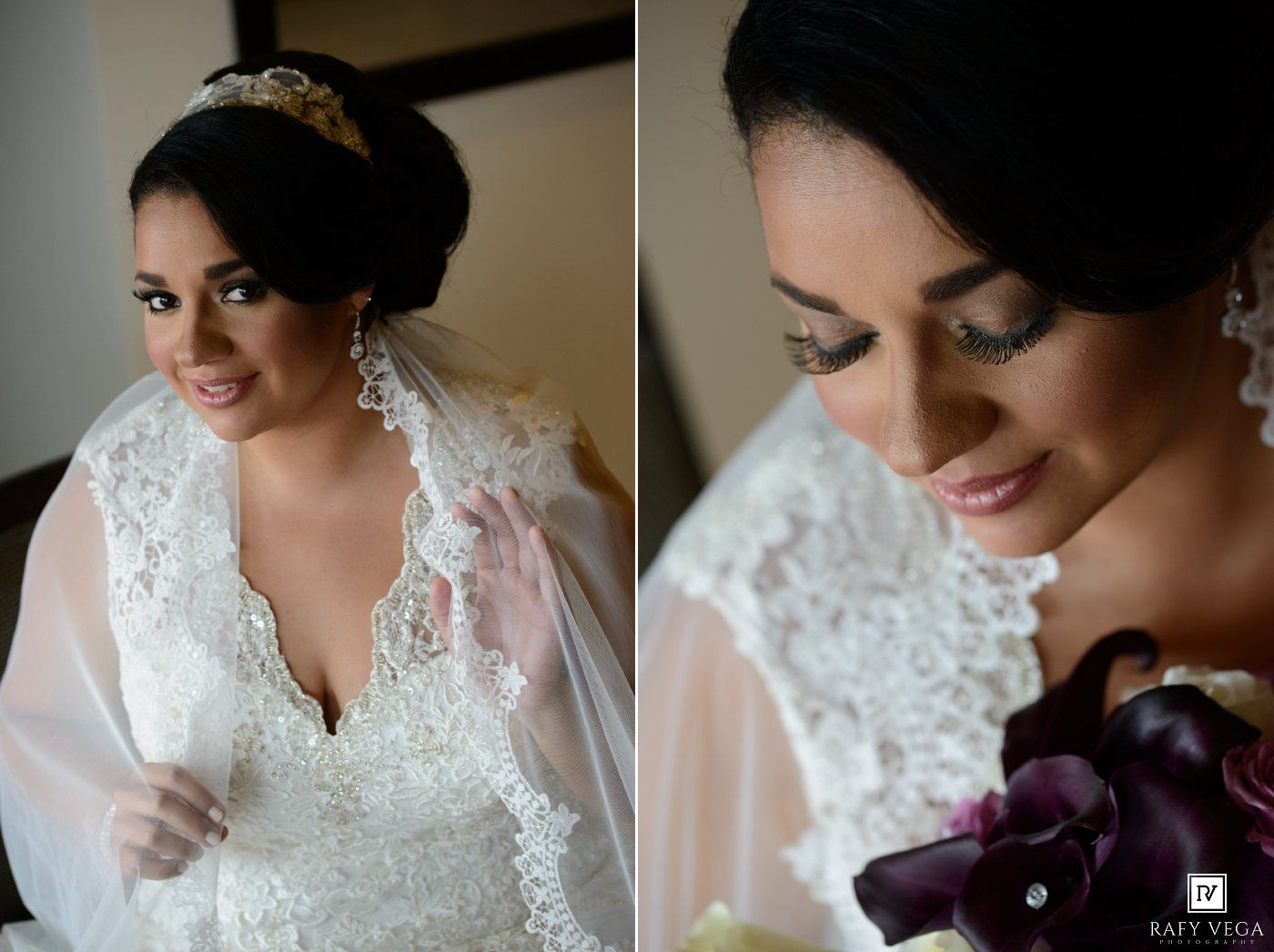 Elegant bride in lace wedding gown and veil wearing a tiara, holding a bouquet with purple flowers on her wedding day.
