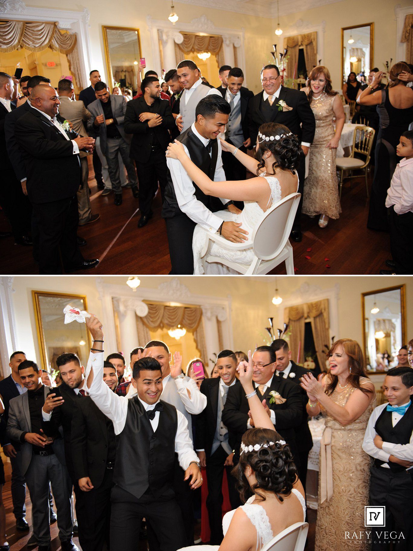 Bride and groom share first dance surrounded by cheering wedding guests in elegant ballroom reception venue.