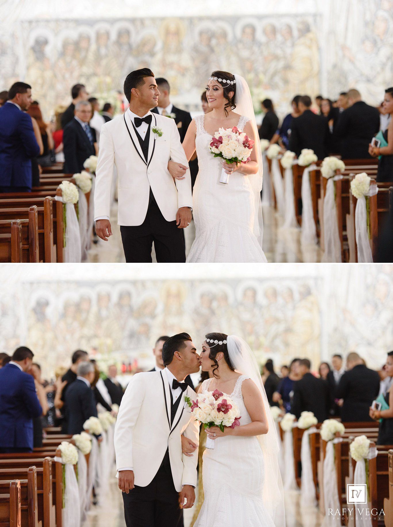 Bride and groom walking down the church aisle after wedding ceremony, bride holding floral bouquet.