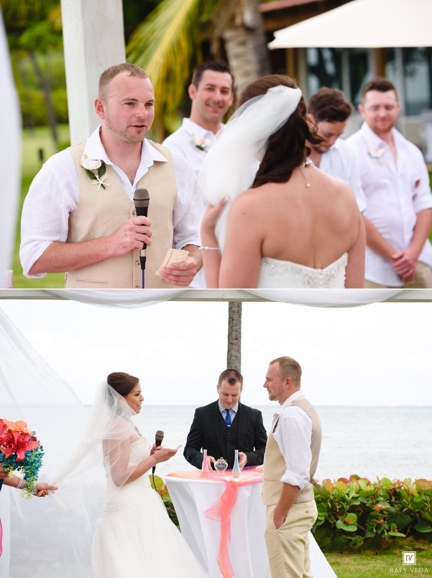 Groom reciting wedding vows to bride at outdoor beach ceremony with groomsmen standing behind.