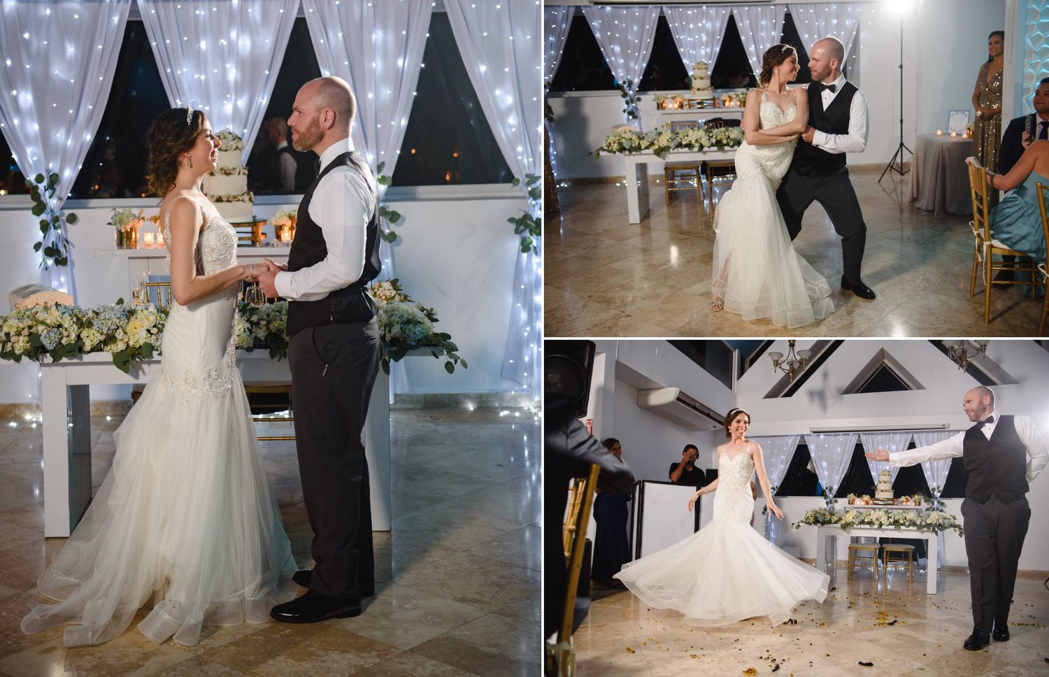 Bride and groom share their first dance at an elegant indoor wedding reception with twinkling fairy lights.