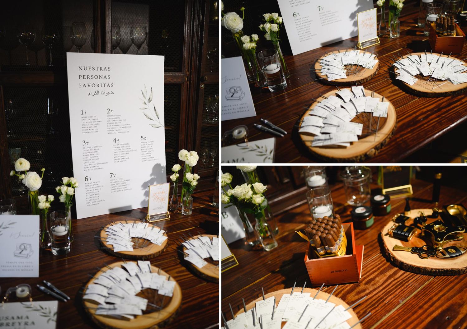 Elegant wedding seating chart display with white floral arrangements and place cards on wooden charger plates.