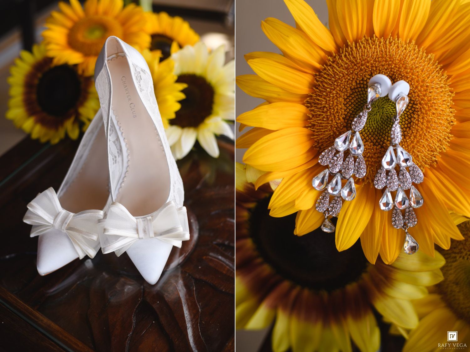 White bow bridal heels beside sunflowers and elegant crystal drop earrings resting on a vibrant sunflower bloom.