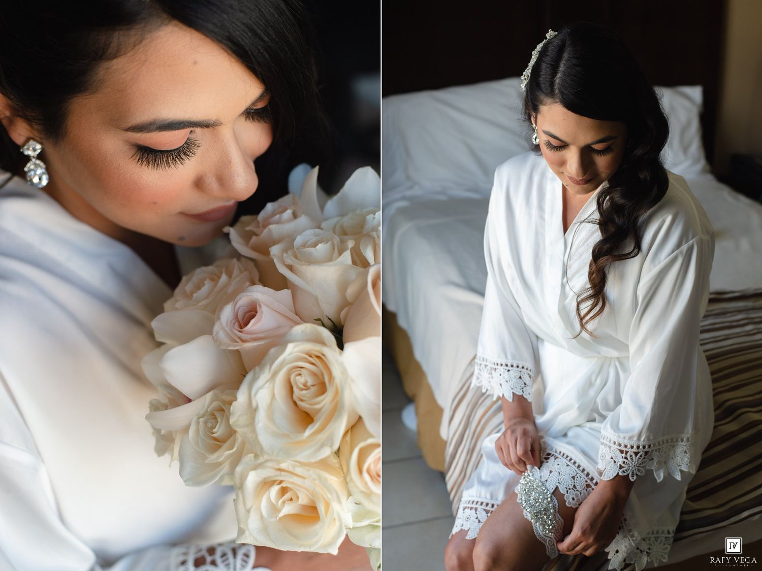 Bride in white robe holding cream roses bouquet, getting ready on wedding day with elegant hair and earrings.