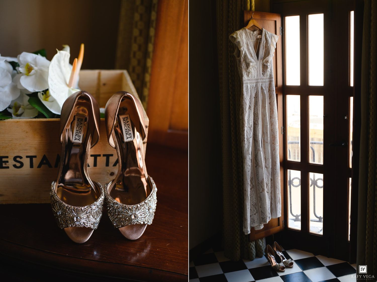Elegant beaded bridal heels displayed beside a lace wedding dress hanging in a sunlit window.
