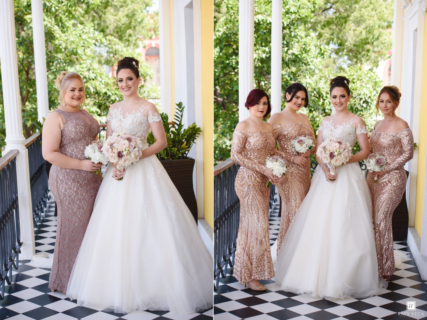 Bride in white gown poses with bridesmaids in rose gold sequin dresses on a porch with checkered floors.